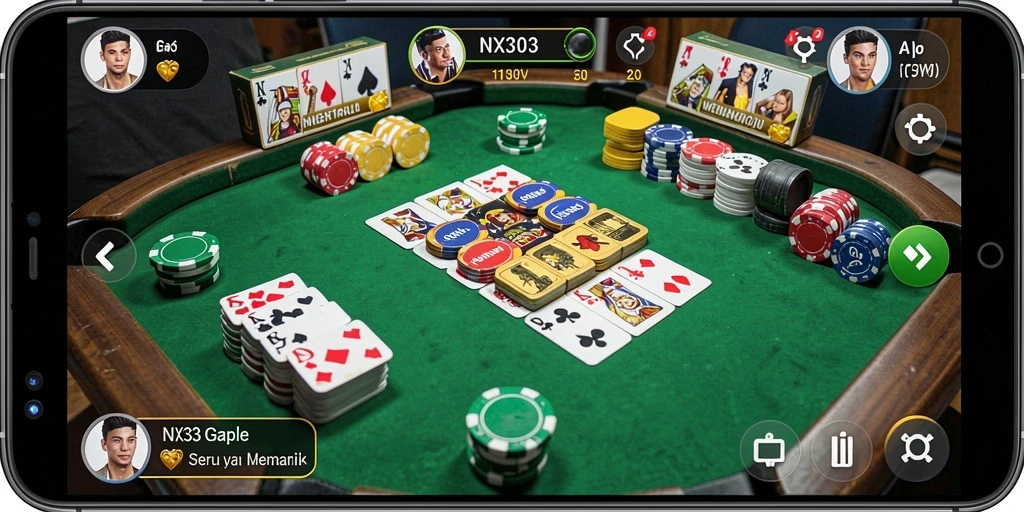 Screenshot gameplay NX303 menampilkan serunya bermain Gaple dengan teman.