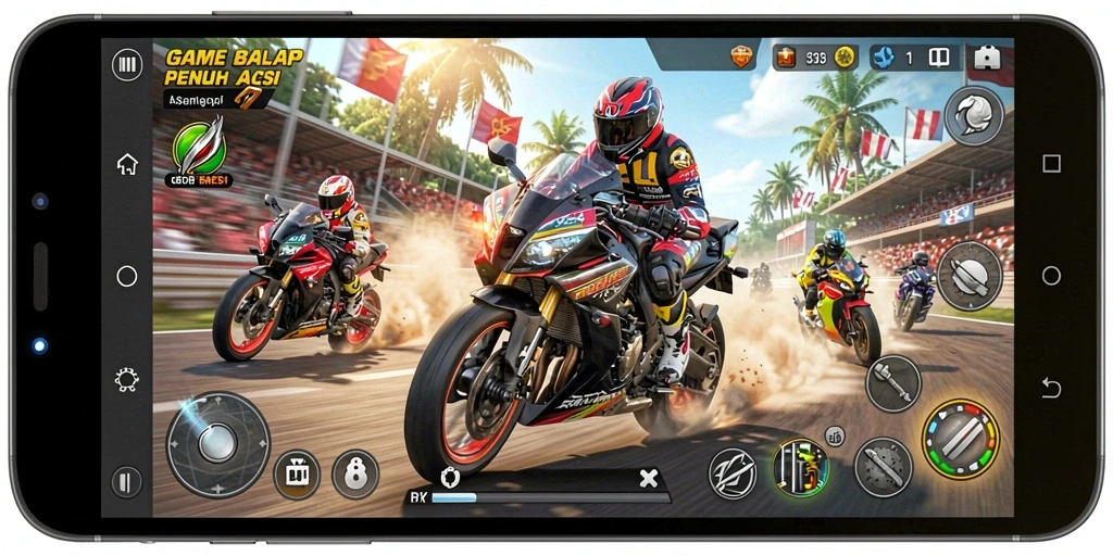 Gameplay mendebarkan dalam RK55 dengan balap motor seru.