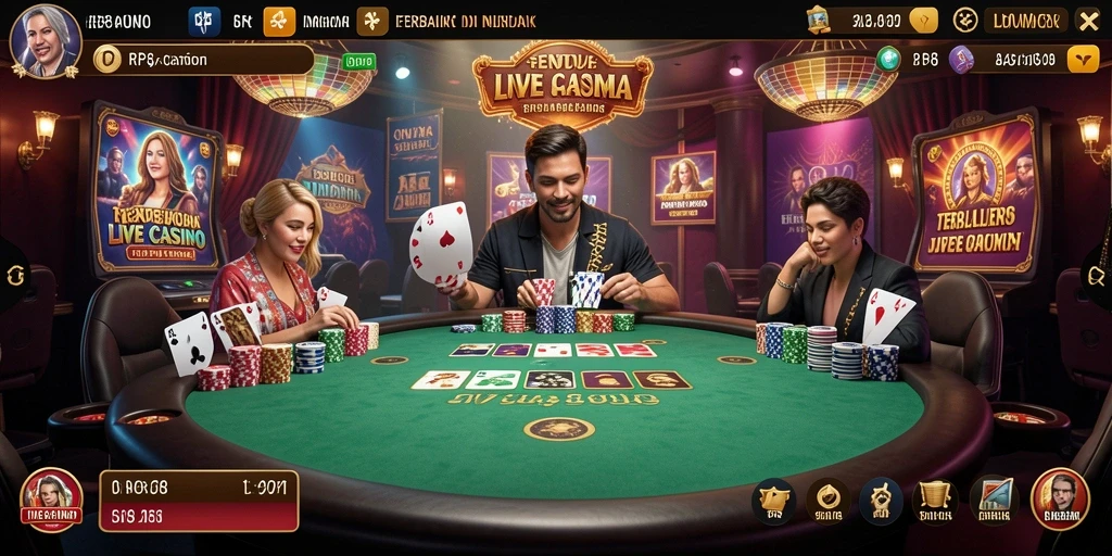Screenshot gameplay Live Casino RP8 menunjukkan dealer dan permainan yang mendebarkan.