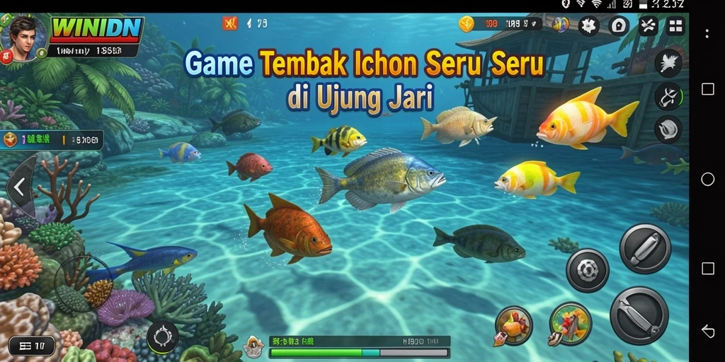 Screenshot menunjukkan pemain dalam aksi menangkap ikan di WINIDN.